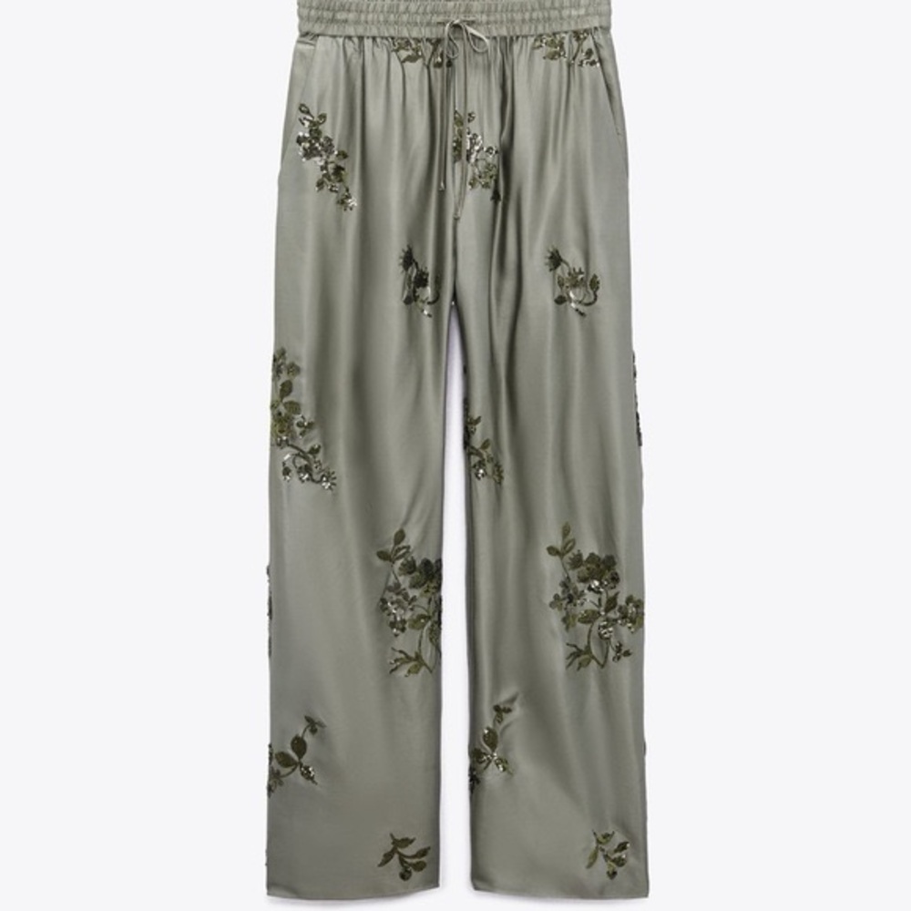Zara sequin satin effect Embroidered sequin Olive Green Satin Pants NWT XXL - Picture 6 of 10